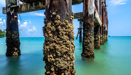 Wooden pier pilings covered in barnacles