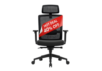 Ergonomic office chair with headrest and 40 off hot deal tag isolated on transparent background