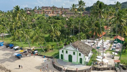 Wonderful aerial view of Praia dos Carneiros beach with stunning landscape with sand banks, palm...