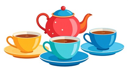 Colorful Cartoon Teapot and Tea Cups Illustration with Vibrant Design