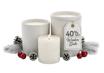 Three candles with pinecones and a 40 off winter sale tag isolated on transparent background