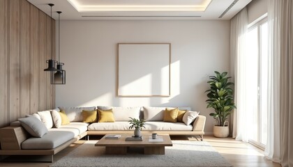 Modern living room design. Interior with sofa pillows table decor. Cozy home design. Bright sunny room with plant. Empty frame for art. Modern comfortable apartment concept. Living room interior,