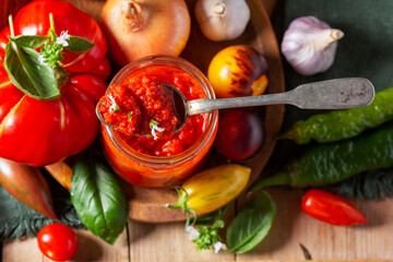 Hot tomato sauce, adjika, salsa, passata or marinara.