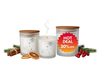 Candles with winter decorations isolated on transparent background are on sale for 30 off
