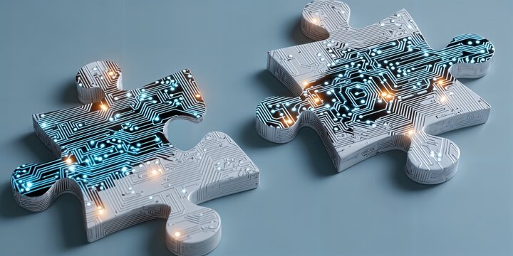 Dos piezas de puzzle con circuitos integrados brillantes sobre un fondo azul.