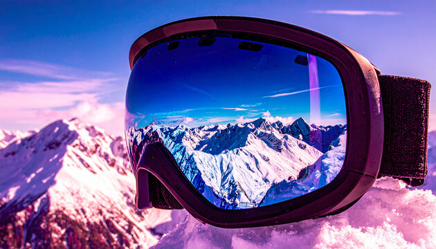 Ski Helmet Visor Reflection of Snowy Mountains. Winter concept. Generated Image.