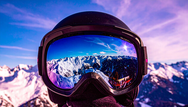 Ski Helmet Visor Reflection of Snowy Mountains. Winter concept. Generated Image.