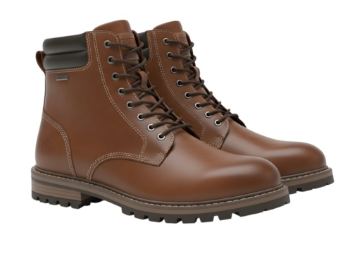 A pair of brown leather work boots, isolated on transparent background