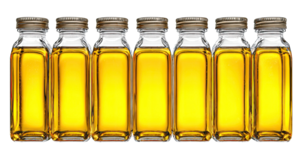 Seven clear glass bottles, rectangular shape, filled with golden liquid,  metal lids