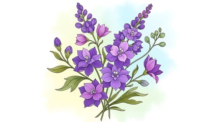 Fototapeta premium Delicate purple flowers in a decorative arrangement, showcasing detailed blossoms and delicate foliage against a soft pastel background.