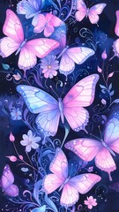 Delicate butterflies and flowers in pastel colors on a dark background