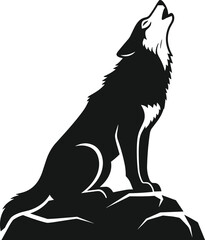 Minimal vector silhouette, wolf on small rock howling, side view, solid black