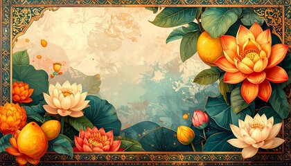 Ornate floral backdrop with lotus blossoms and citrus fruits