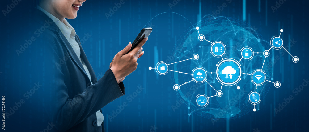 Poster a business professional engages with a smartphone, surrounded by abstract cloud technology and data 