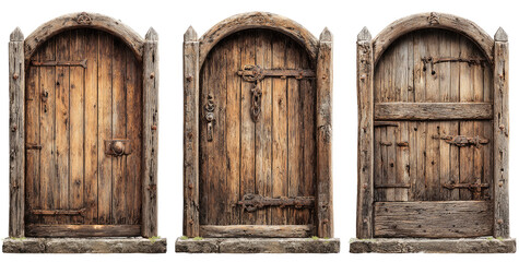Three weathered, antique wooden doors with arched tops