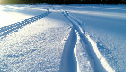 Obraz premium Snowmobile Track Pattern Texture in Snow Macro. Winter concept. Generated Image.
