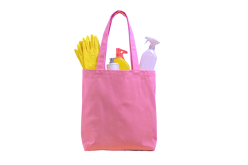 Pink tote bag filled with cleaning supplies