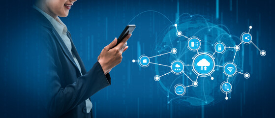 A business professional engages with a smartphone, surrounded by abstract cloud technology and data icons, showcasing the future of digital communication and networking. Tessel