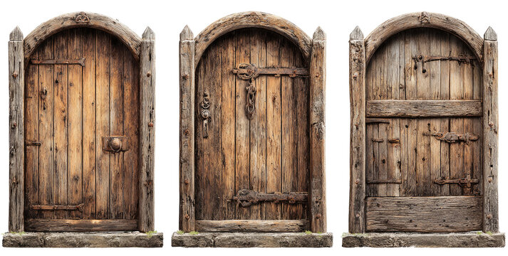 Three weathered, antique wooden doors with arched tops