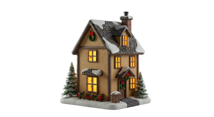 Detailed Christmas Village House with Snow, Glowing Windows, Wreaths, and Trees, Transparent Background
