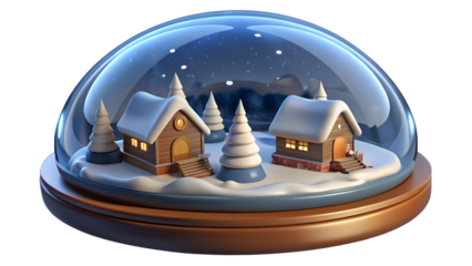 Charming miniature winter village scene inside a glass snow globe with tiny houses and snow covered trees isolated on transparent background