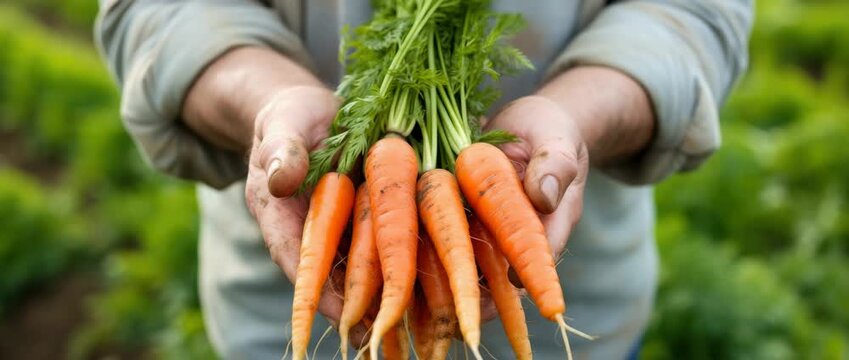 Hands hold freshly harvested carrots in a lush green field during a sunny day of farming activities