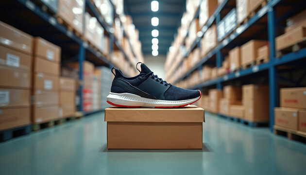 Dynamic shoe stands on box in warehouse aisle. Vibrant colors create motion blur. E-commerce, logistic, retail, footwear, inventory, storage, distribution, business, online shopping, delivery