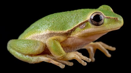 Obraz premium A green tree frog illuminated against a black background showcasing its textured skin and detailed features