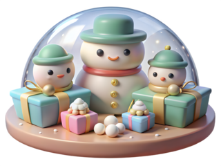 Charming 3d illustration of a festive snowman family inside a snow globe surrounded by christmas gifts and ornaments isolated on transparent background