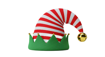 Festive Red and White Striped Elf Hat with Golden Jingle Bells and Green Crown, Transparent Background
