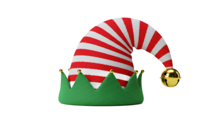 Festive Red and White Striped Elf Hat with Golden Jingle Bells and Green Crown, Transparent Background