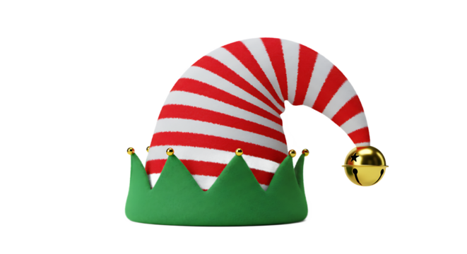 Festive Red and White Striped Elf Hat with Golden Jingle Bells and Green Crown, Transparent Background