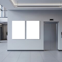 Two blank canvases adorn a modern office hallway, alongside a sleek elevator.