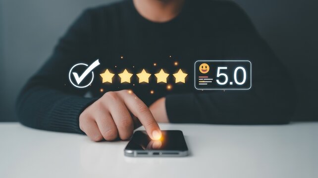 Rating the Experience: A close-up of a hand interacting with a smartphone screen, leaving a five-star rating, illustrating a customer's positive interaction, service, or product experience. 