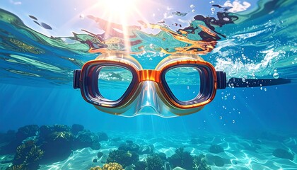 Underwater snorkeling mask in vibrant blue water