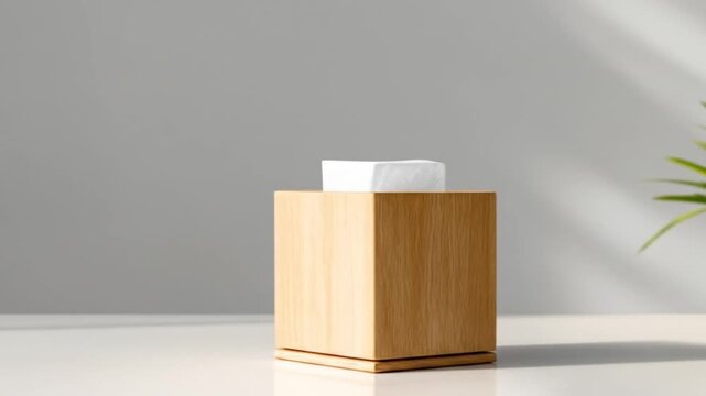 A light-colored wooden tissue box sits on a white surface, with a plant in the background.