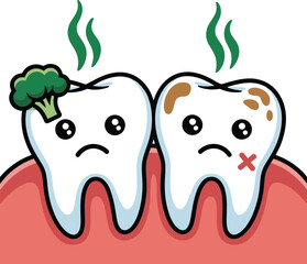Cartoon dirty teeth with bad smell, food stuck, tooth decay, dental hygiene problem, oral care concept, vector illustration