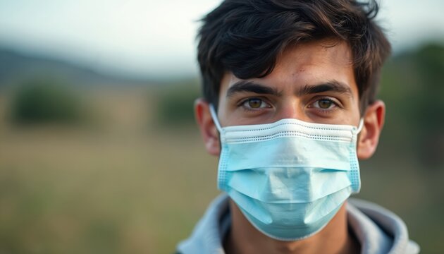 Closeup portrait young man wears protective face mask outdoors. Health safety prevention during pandemic, virus outbreak. Serious expression. Green eyes look. Casual attire. Summer sunlight day. - Powered by Adobe