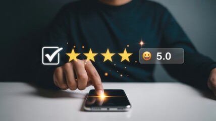 Client Experience: A person's finger hovers over a smartphone screen displaying a perfect five-star rating, signifying exceptional service and customer satisfaction.