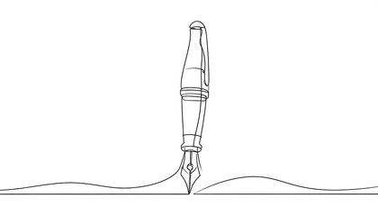 Continuous line drawing of a fountain pen over an open book