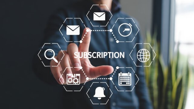 Digital Subscription Interface: A person's finger hovers over the word SUBSCRIPTION, a digital interface encompassing various icons related to subscription services, such as email, calendar.