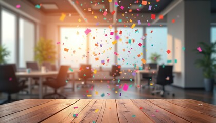 Colorful confetti falling in air over blurred office with wooden floor. Celebration, success, festive mood in workplace. Business event, surprise party, cheerful interior. Corporate anniversary