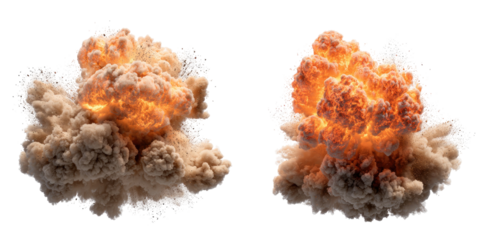 Two large, detailed explosions with orange flames and beige smoke