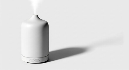 Minimalist white essential oil diffuser releasing mist, creating a serene ambiance in a bright space .