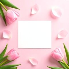 Pink tulips and petals frame a blank card