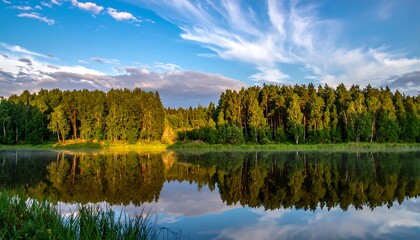 Serene forest lake sunrise