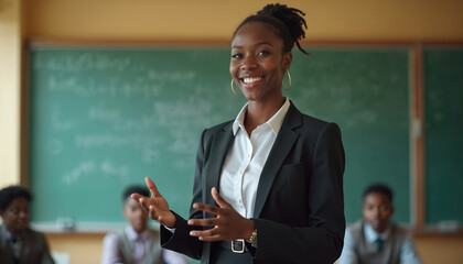 Pro Nigerian female teacher instructs students in classroom. Elegant educator in business attire stands confidently near blackboard during lesson. Young learners engage in academic activity,