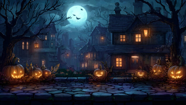 Halloween night scene with pumpkins and houses under a full moon. - Powered by Adobe