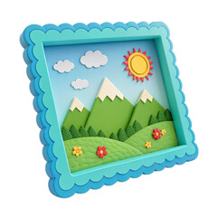 Whimsical paper craft diorama of a sunny mountain landscape with clouds and ladybugs isolated on transparent background