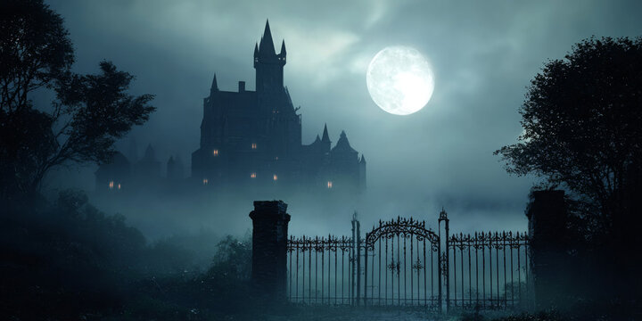 A spooky castle shrouded in mist under a full moon, with a wrought iron gate in the foreground.